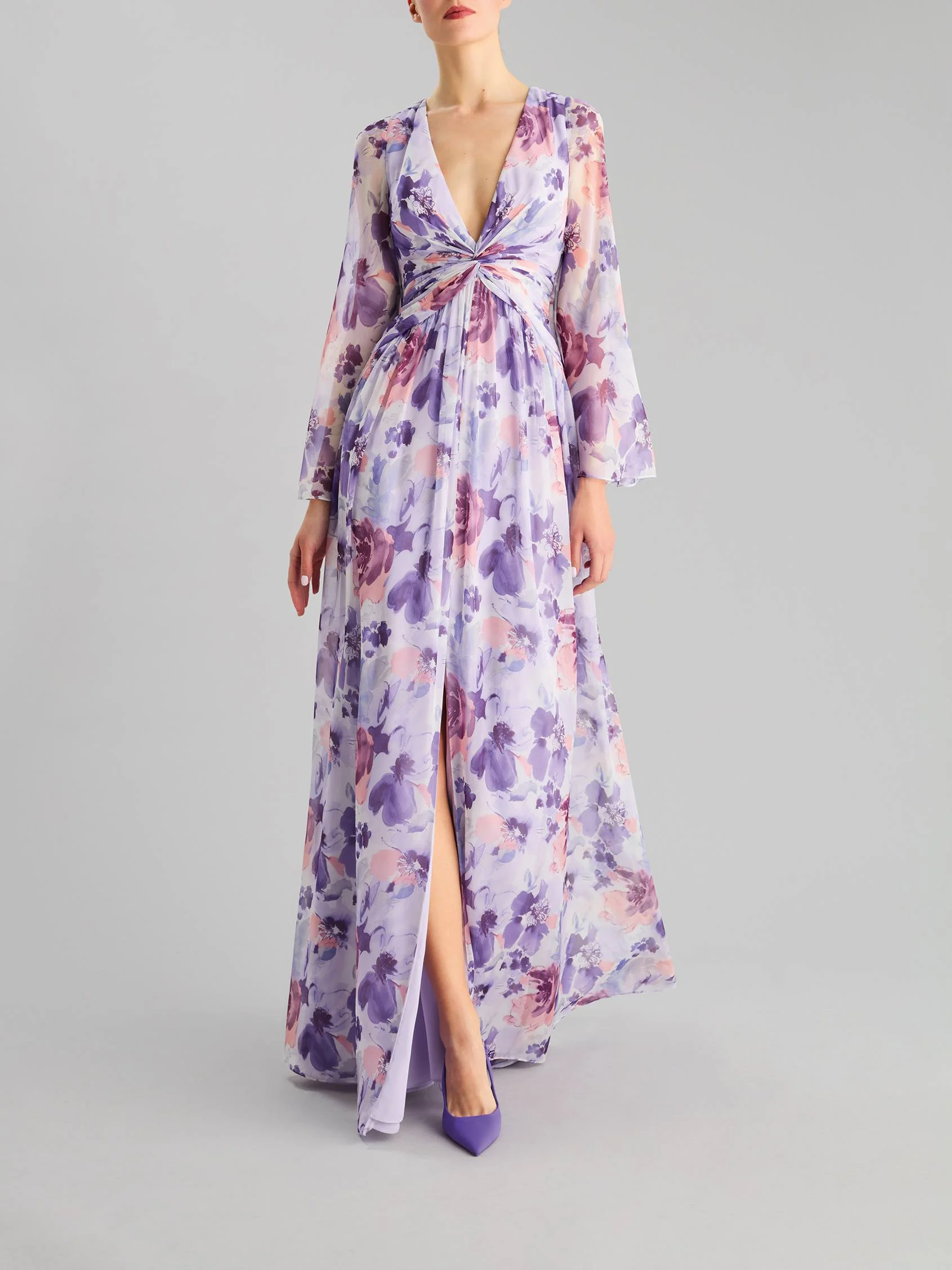 PRINT 2413 A-line party dress with a V neckline