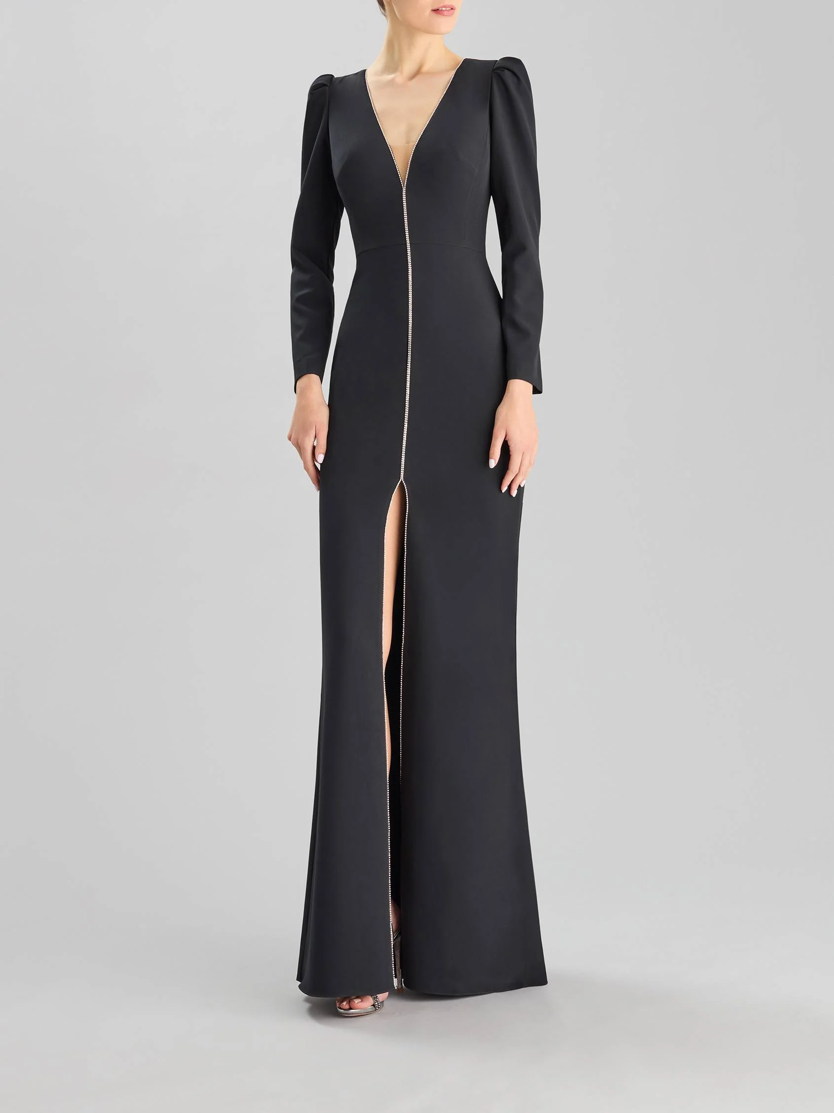 SPARKLE 2421 Long sleeve mermaid party dress in crepe with a V neckline