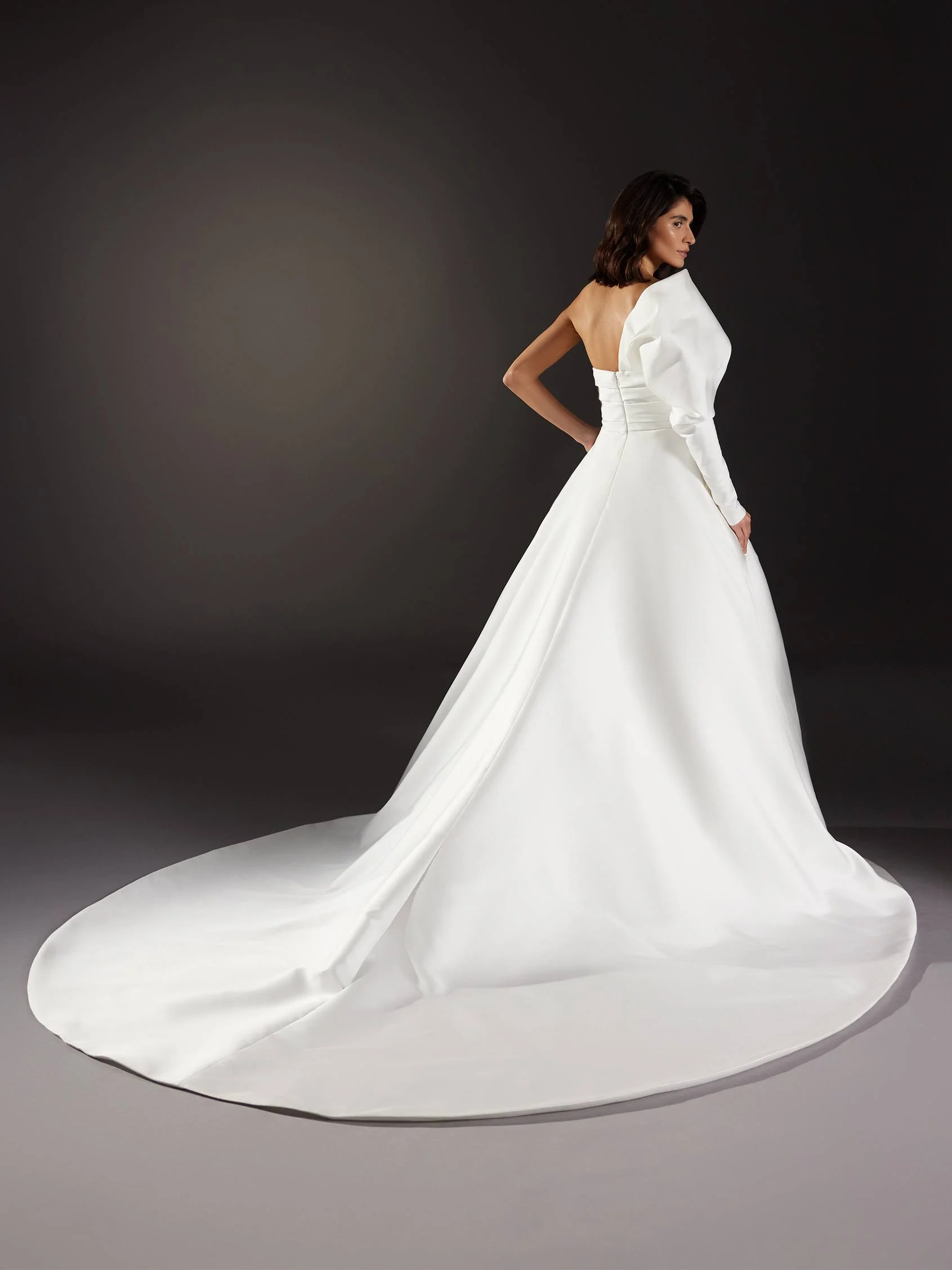 MODERNISMO Princess wedding dress with long sleeves and an asymmetrical neckline in Mikado 4 MODERNISMO Princess wedding dress with long sleeves and an asymmetrical neckline in Mikado