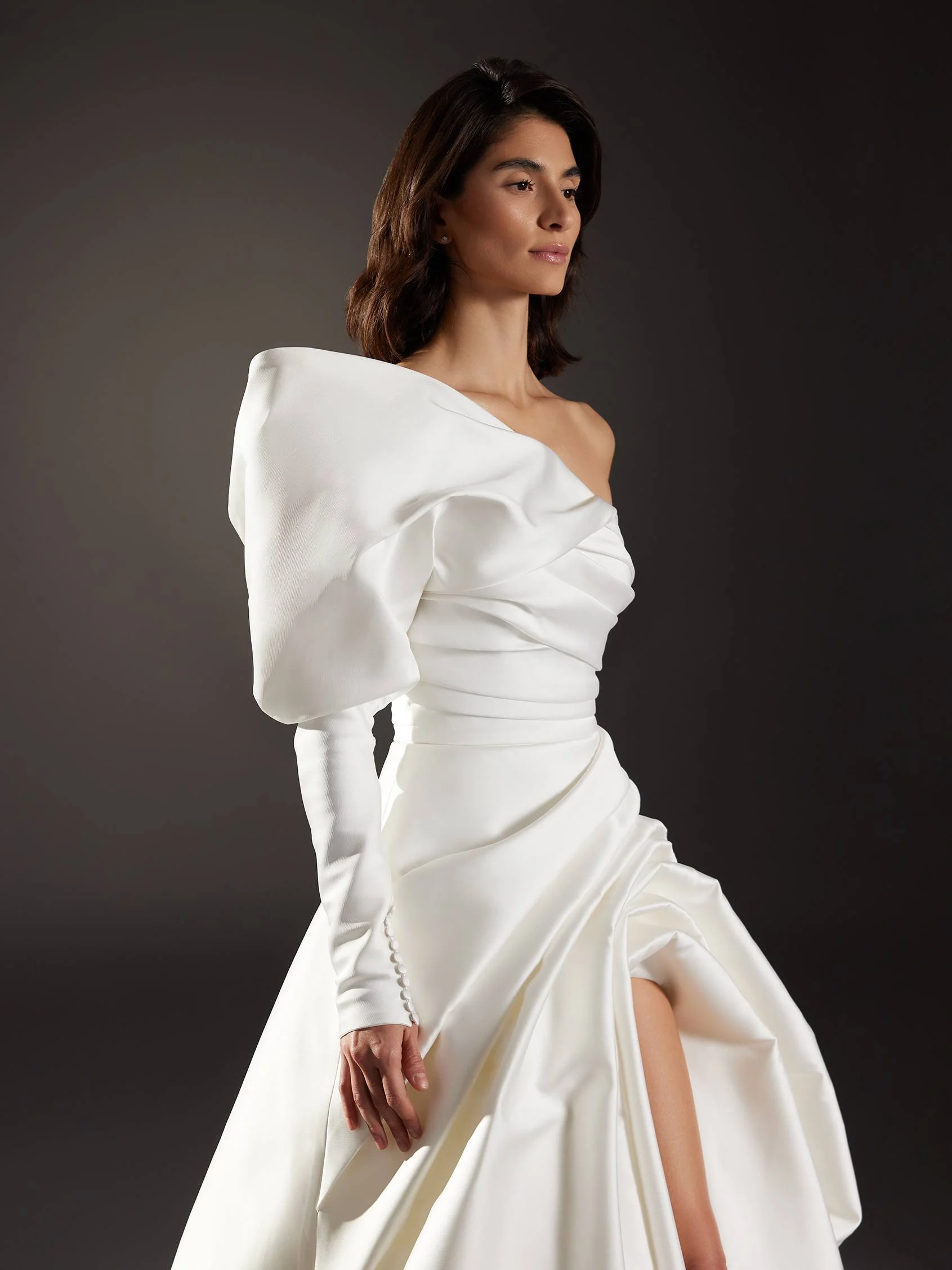 MODERNISMO Princess wedding dress with long sleeves and an asymmetrical neckline in Mikado 5 MODERNISMO Princess wedding dress with long sleeves and an asymmetrical neckline in Mikado