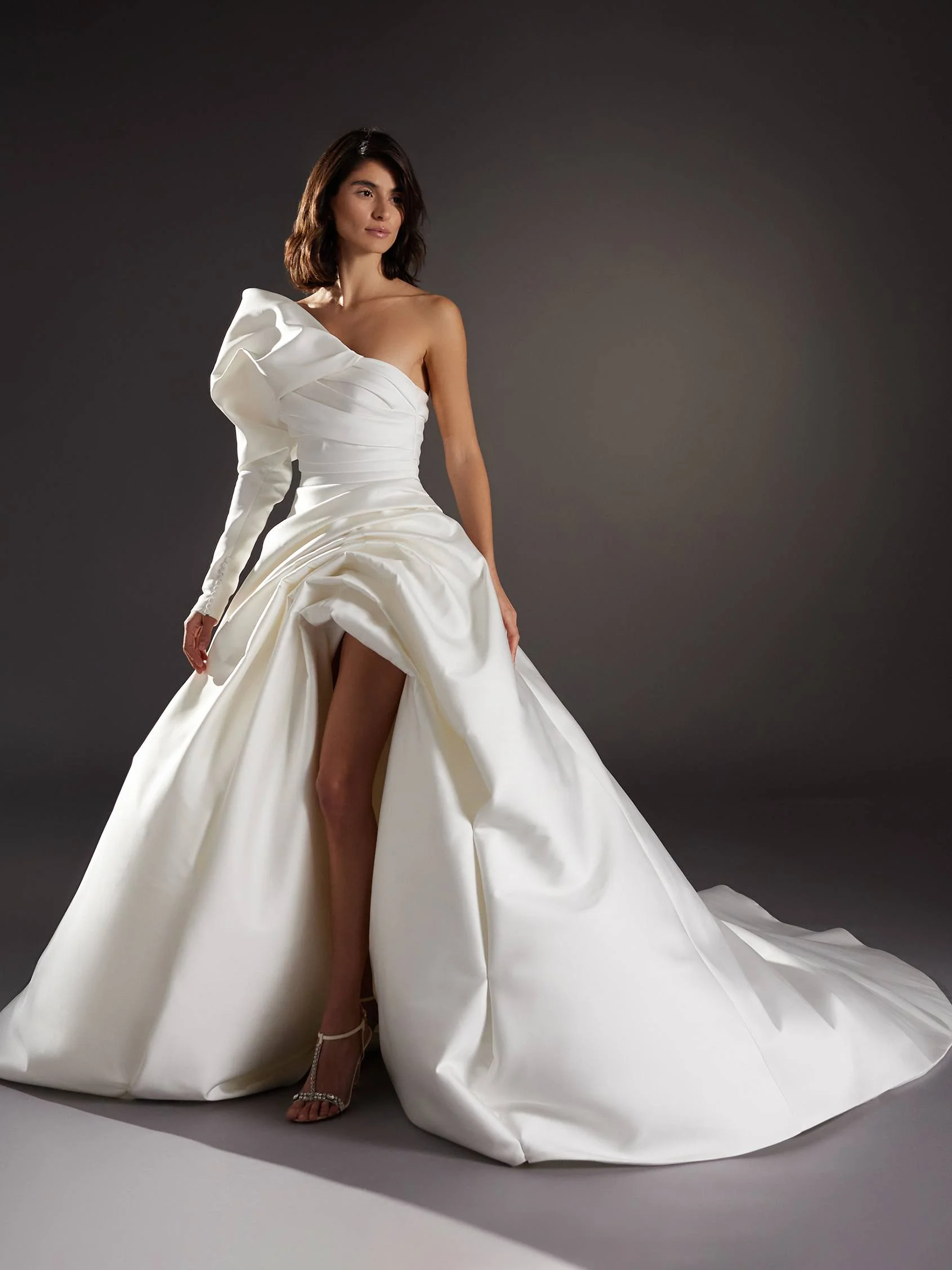 MODERNISMO Princess wedding dress with long sleeves and an asymmetrical neckline in Mikado 6 MODERNISMO Princess wedding dress with long sleeves and an asymmetrical neckline in Mikado