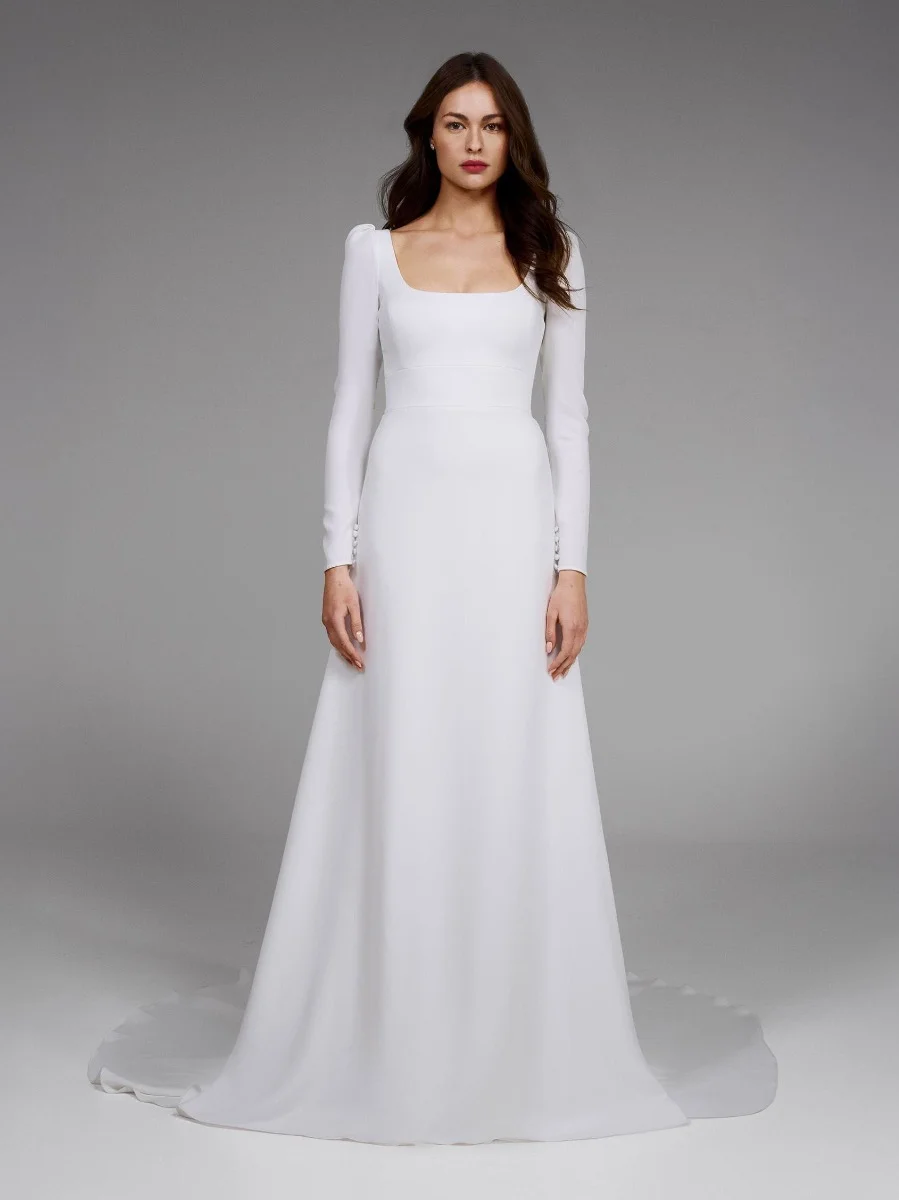 ASPEN A-line crepe wedding dress with square neckline and long sleeves
