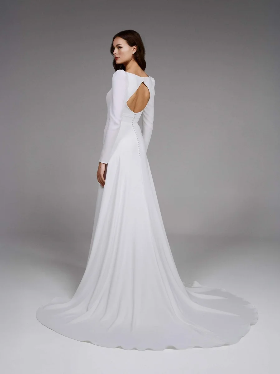 ASPEN A-line crepe wedding dress with square neckline and long sleeves