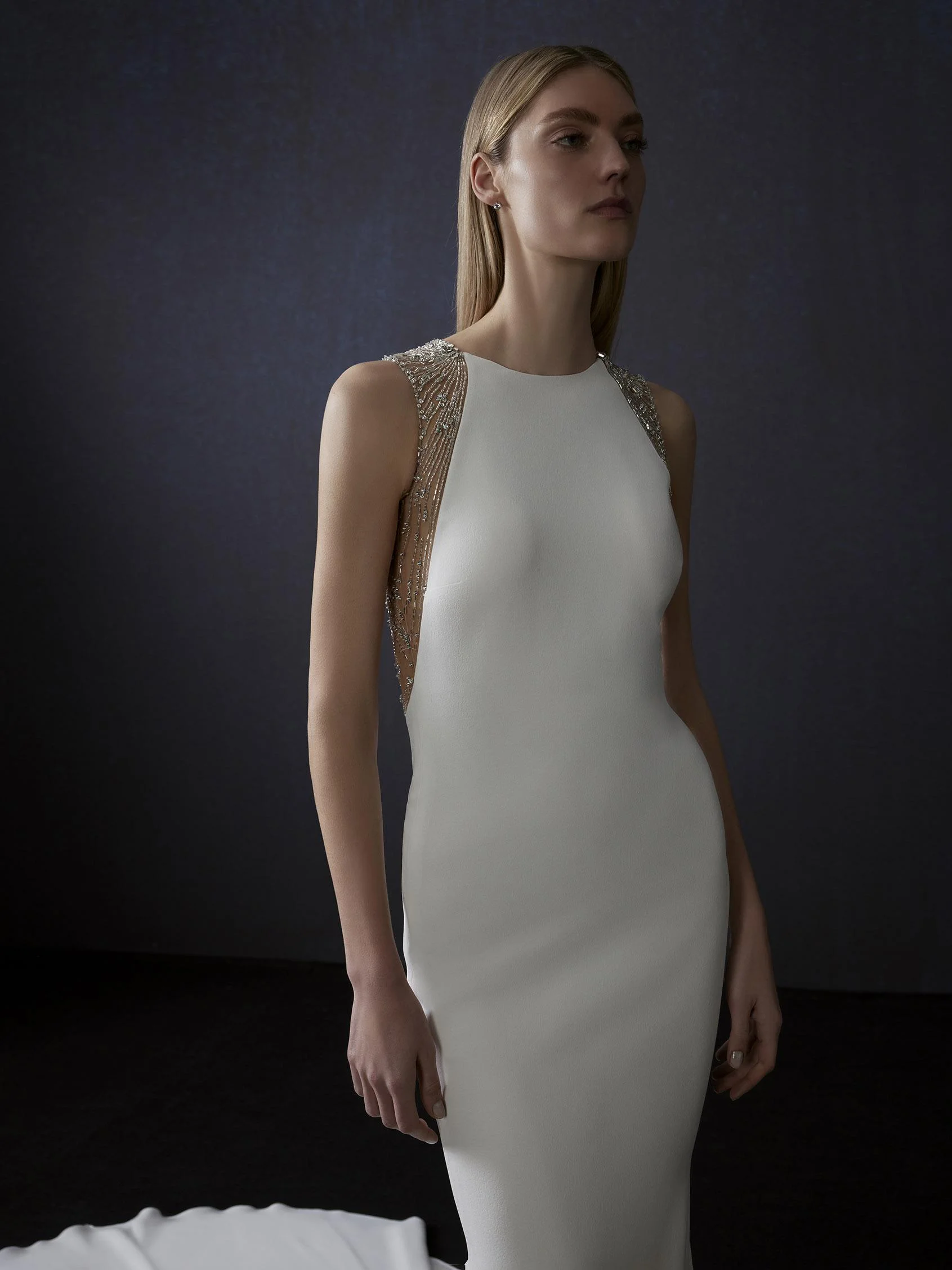 GALAXY Mermaid-cut crepe dress with beaded back