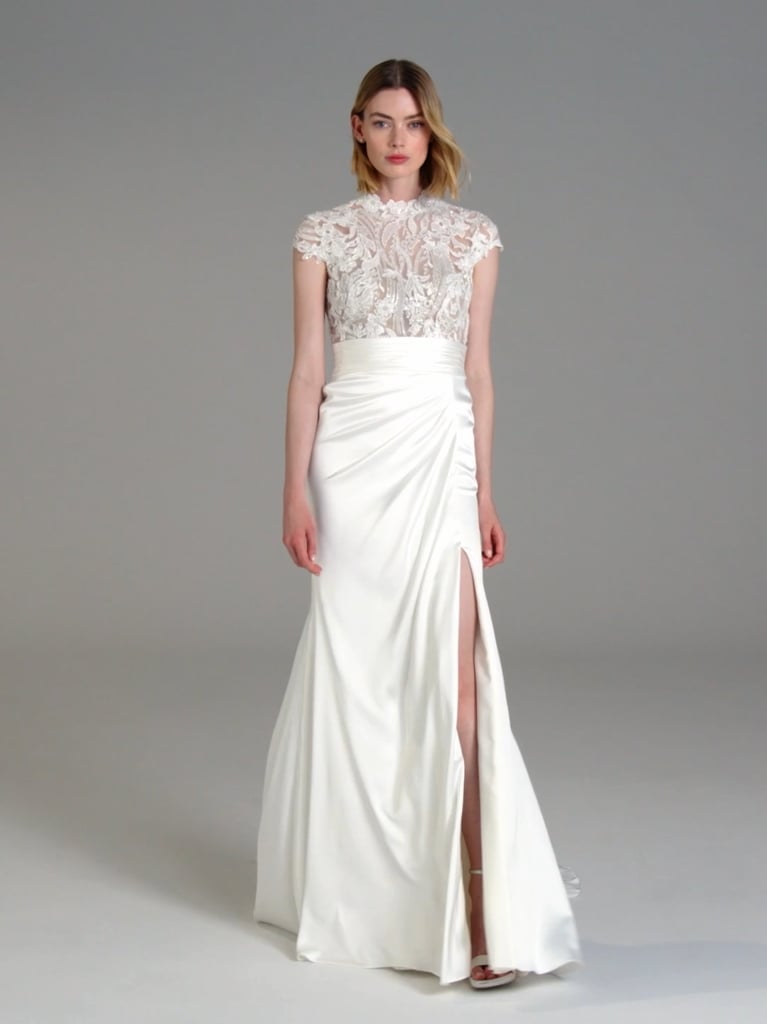 AGATHY Mermaid wedding dress with high neck with short sleeves and keyhole back in satin