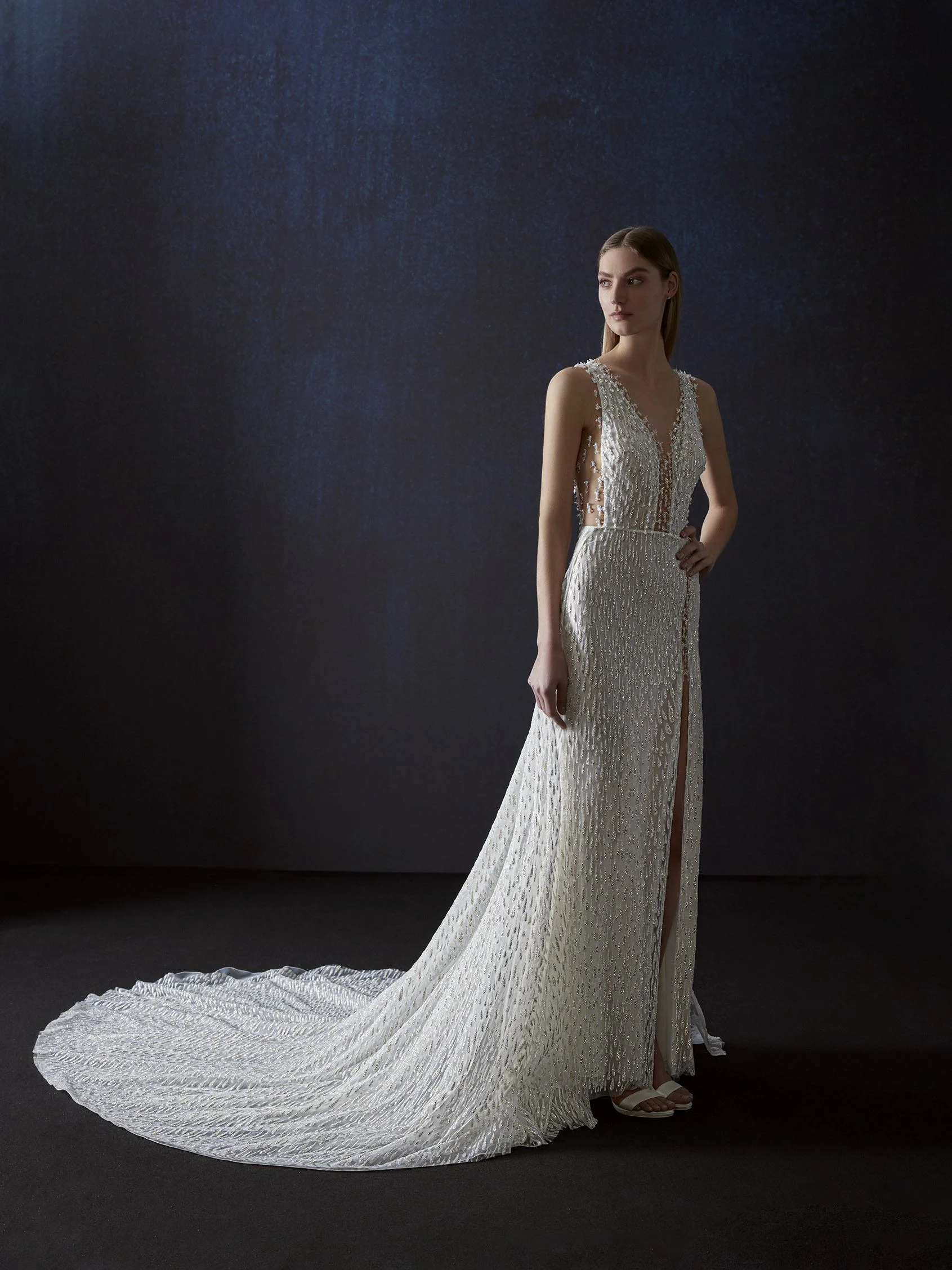 VERLAN Mermaid wedding dress with V neck, straps and keyhole back in glitter