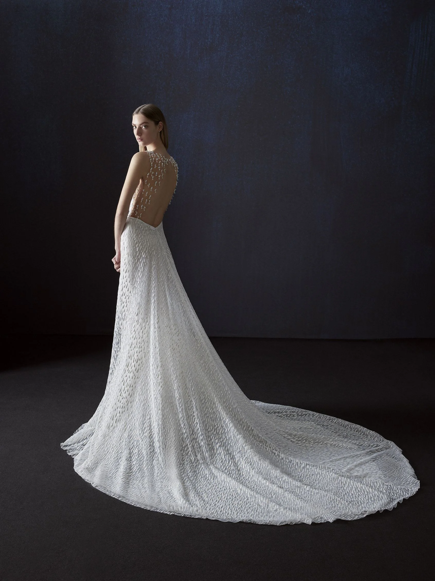 VERLAN Mermaid wedding dress with V neck, straps and keyhole back in glitter