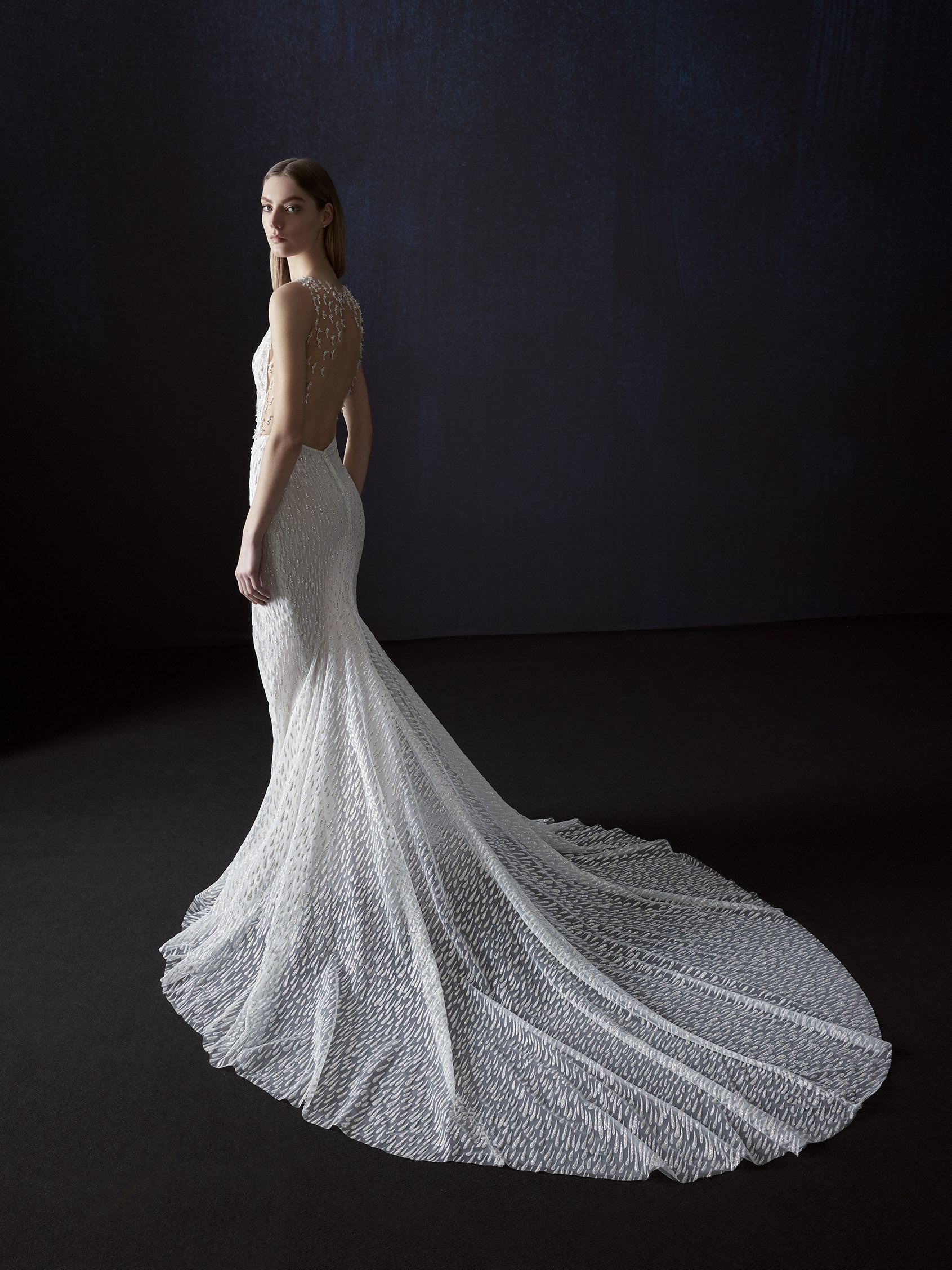 VERLAN Mermaid wedding dress with V neck, straps and keyhole back in glitter