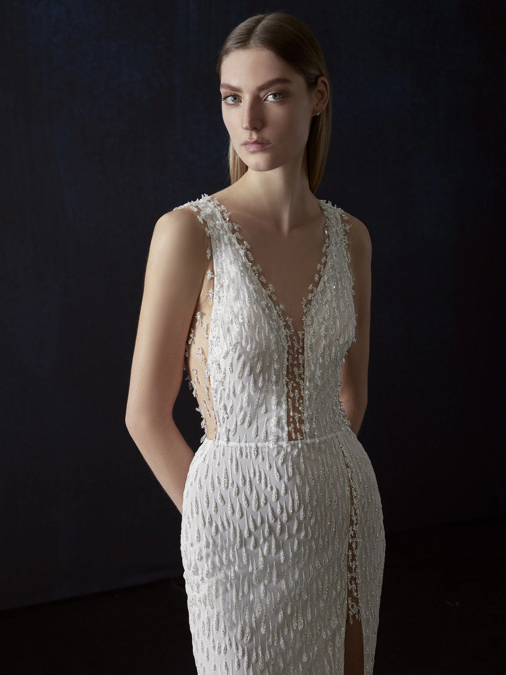 VERLAN Mermaid wedding dress with V neck, straps and keyhole back in glitter