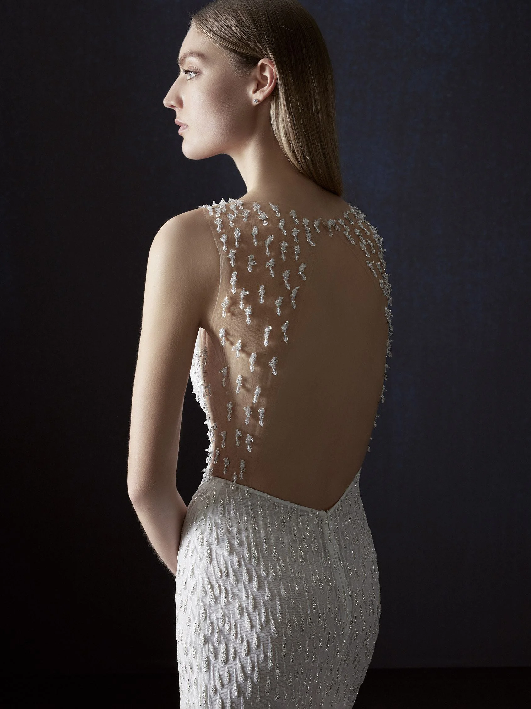VERLAN Mermaid wedding dress with V neck, straps and keyhole back in glitter