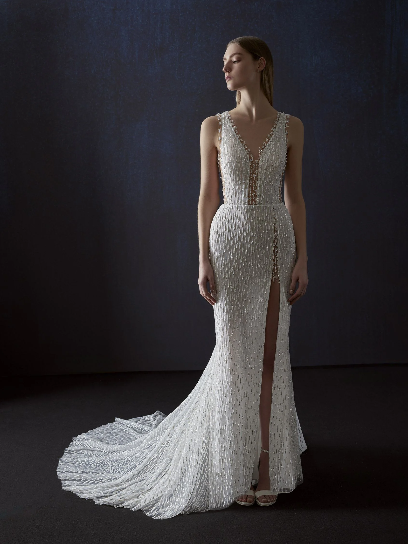 VERLAN Mermaid wedding dress with V neck, straps and keyhole back in glitter