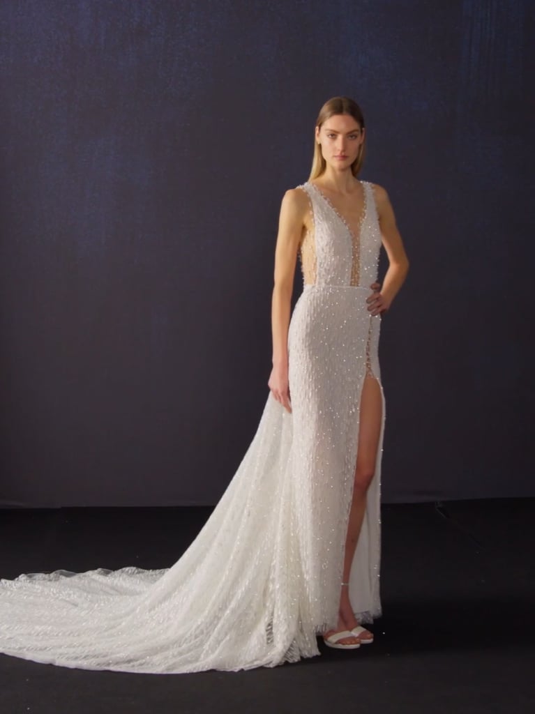 VERLAN Mermaid wedding dress with V neck, straps and keyhole back in glitter