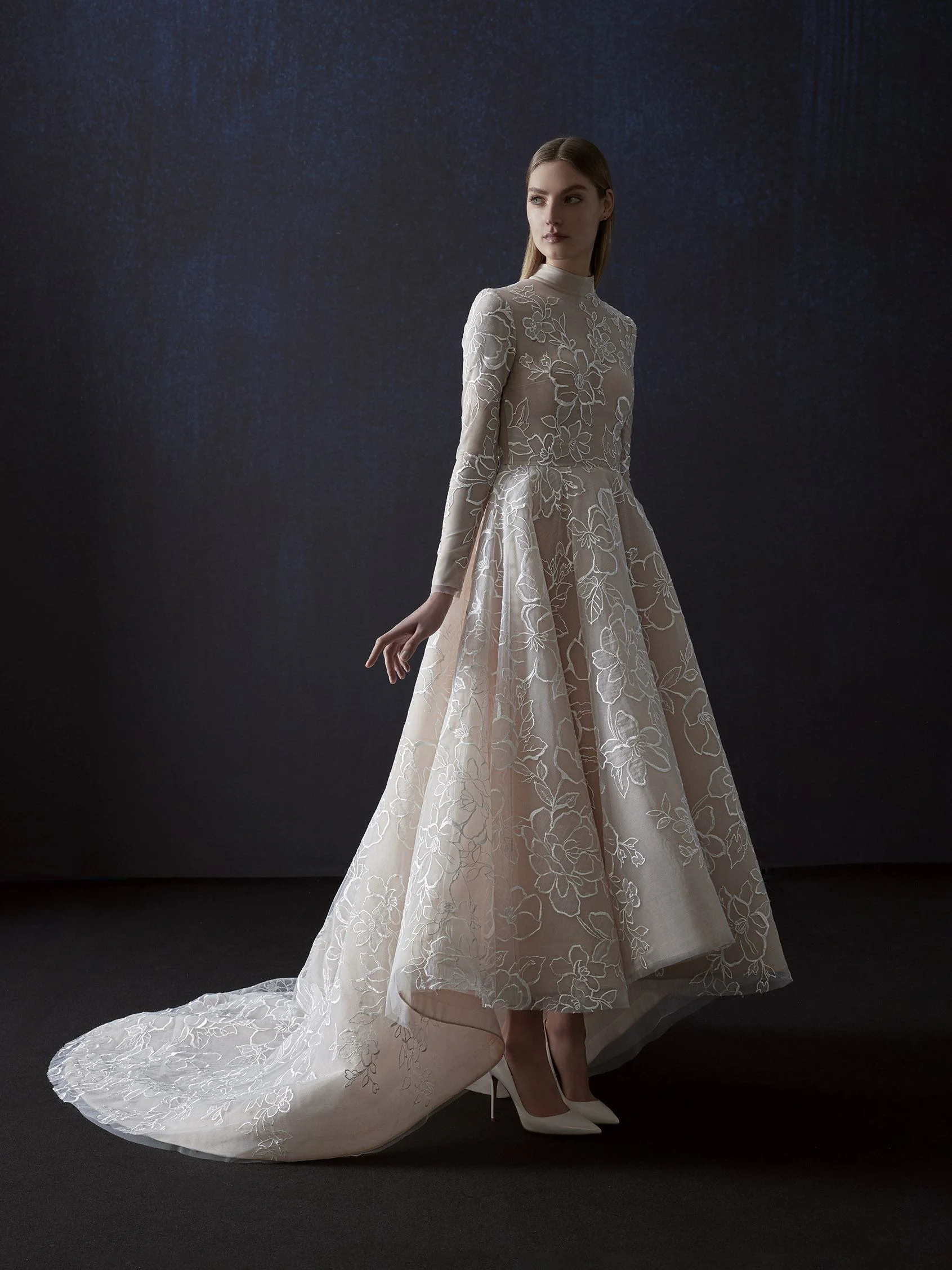 VELIA Ballgown wedding dress with high neck and long sleeves in lace