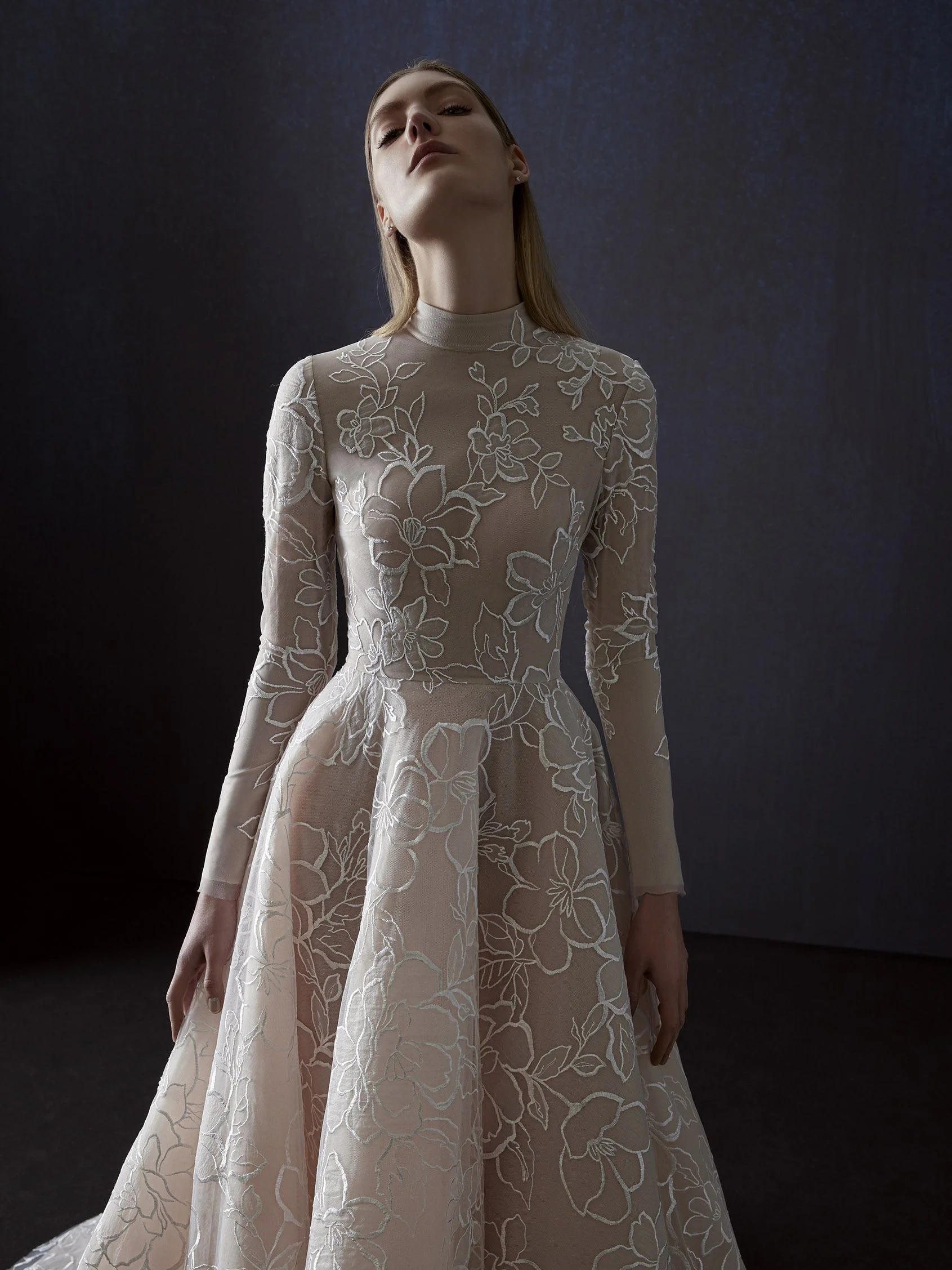 VELIA Ballgown wedding dress with high neck and long sleeves in lace