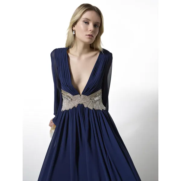 SPARKLE 2444 Long sleeve A-line party dress with a V-neckline