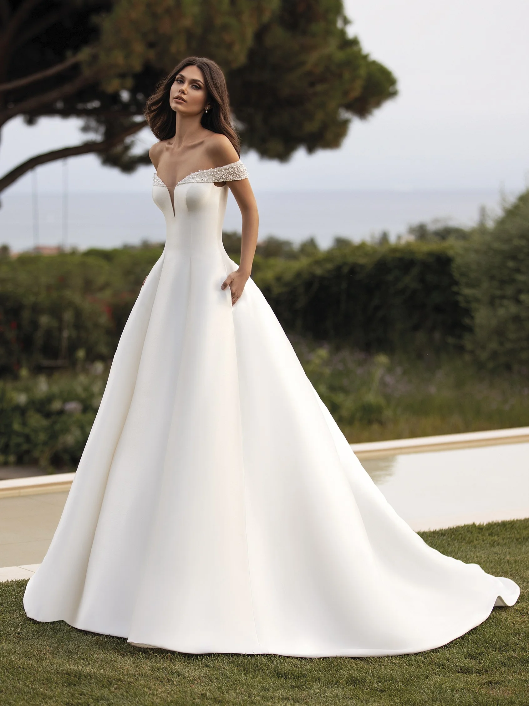 REA Cinderella off-the-shoulder dress with open back in mikado 1 REA Cinderella off-the-shoulder dress with open back in mikado