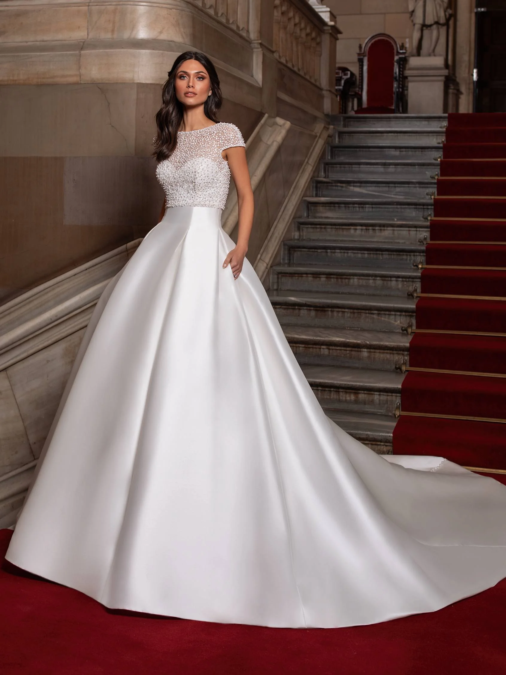 CLOSE Princess wedding dress in mikado with sweetheart neckline, short sleeves and open back 1 CLOSE Princess wedding dress in mikado with sweetheart neckline, short sleeves and open back