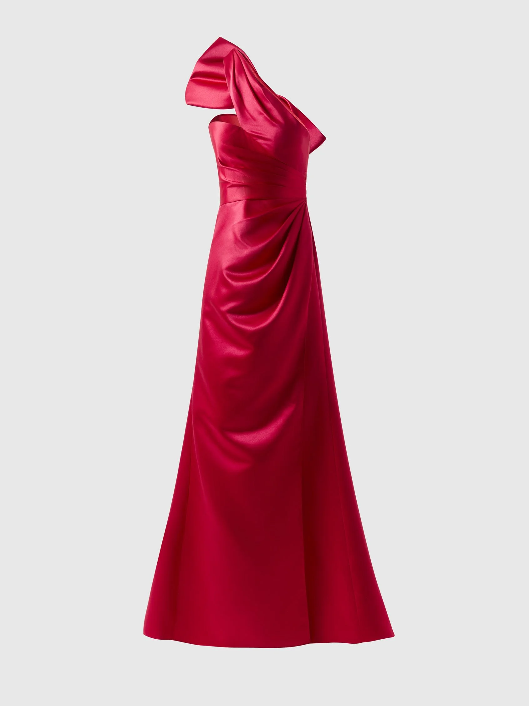 ALJAFERIA Flowy A-line cocktail dress with asymmetrical neckline and bow at the back in duchesse