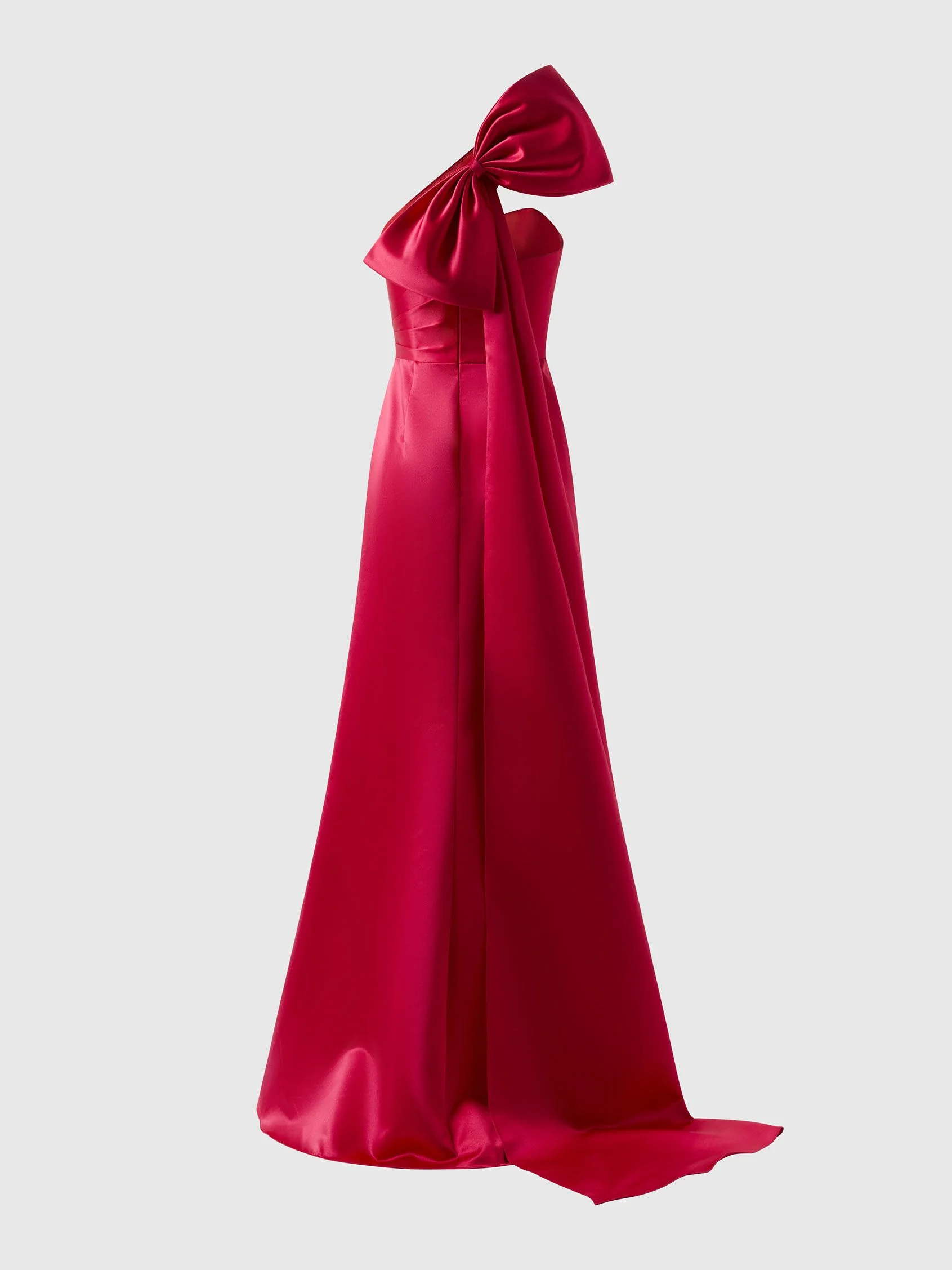 ALJAFERIA Flowy A-line cocktail dress with asymmetrical neckline and bow at the back in duchesse