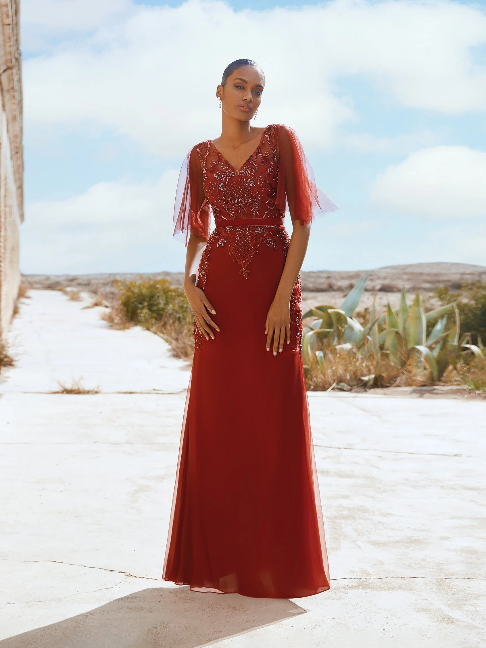 NIENNA Party dress with a V neckline and frilled sleeves
