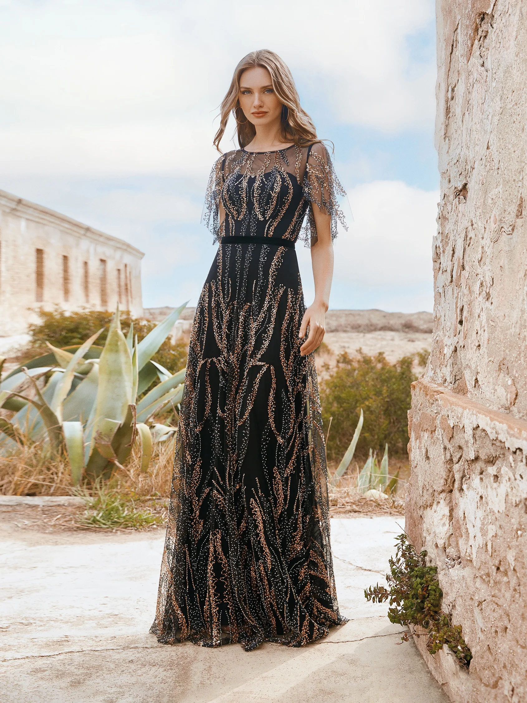 LAYTON Embroidered party dress with sheer elements