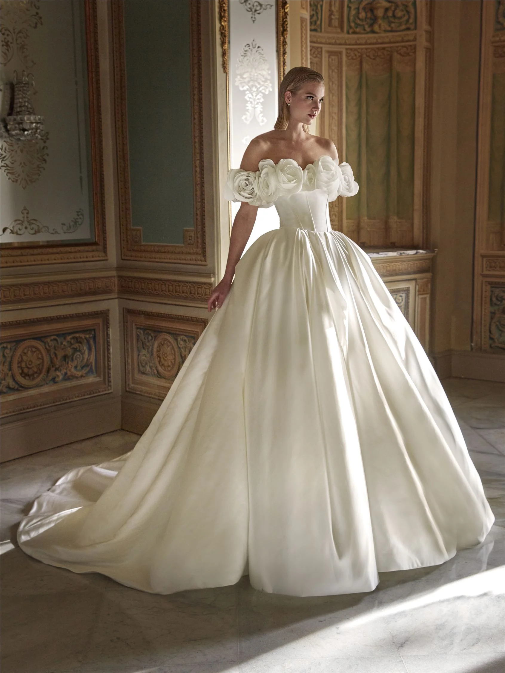 EVARLY Princess bridal dress with off-the-shoulders neckline in satin 1 EVARLY Princess bridal dress with off-the-shoulders neckline in satin