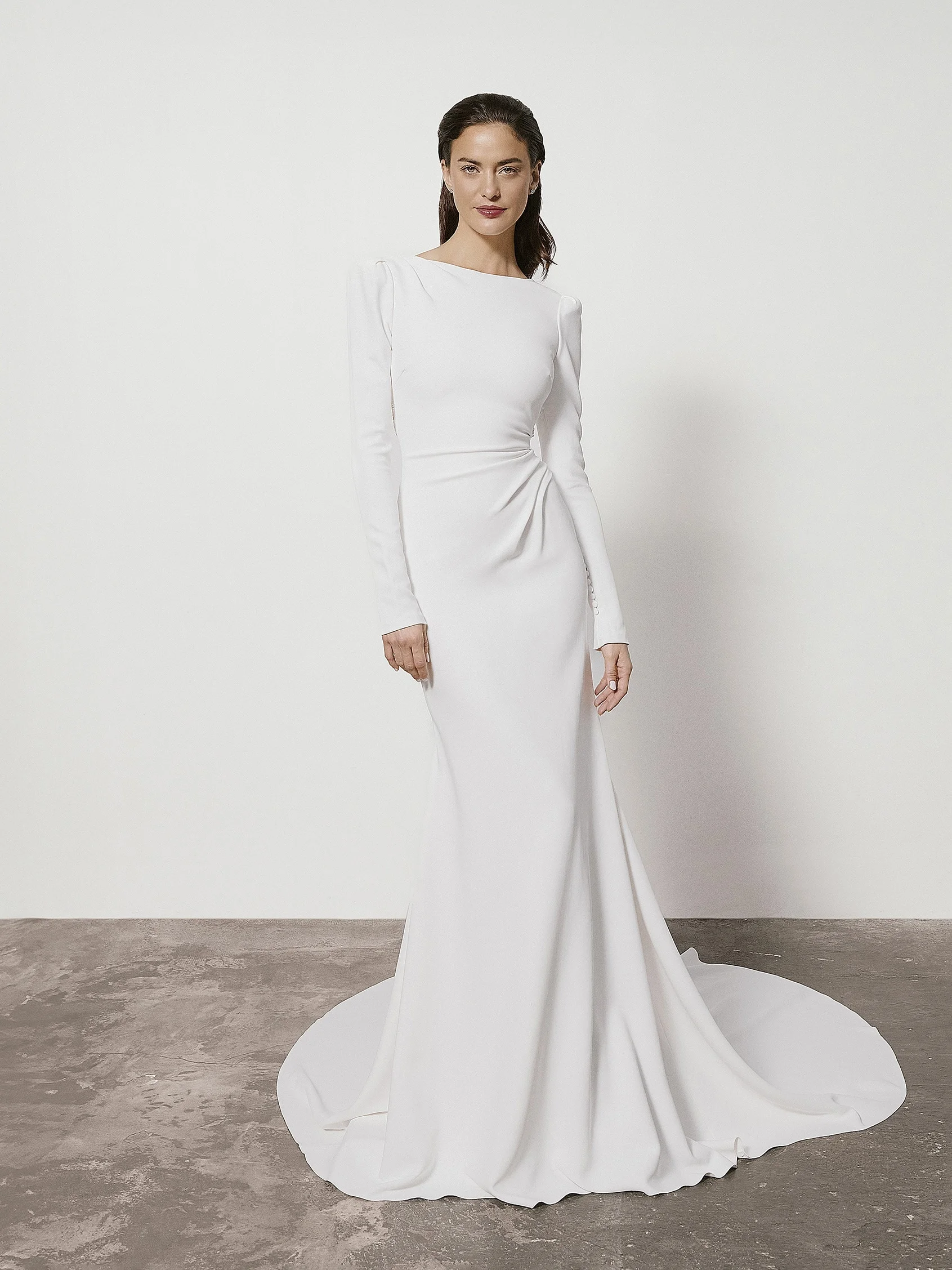 KATHERYN Mermaid wedding dress with bateau neckline and long sleeves in crepe 1 KATHERYN Mermaid wedding dress with bateau neckline and long sleeves in crepe