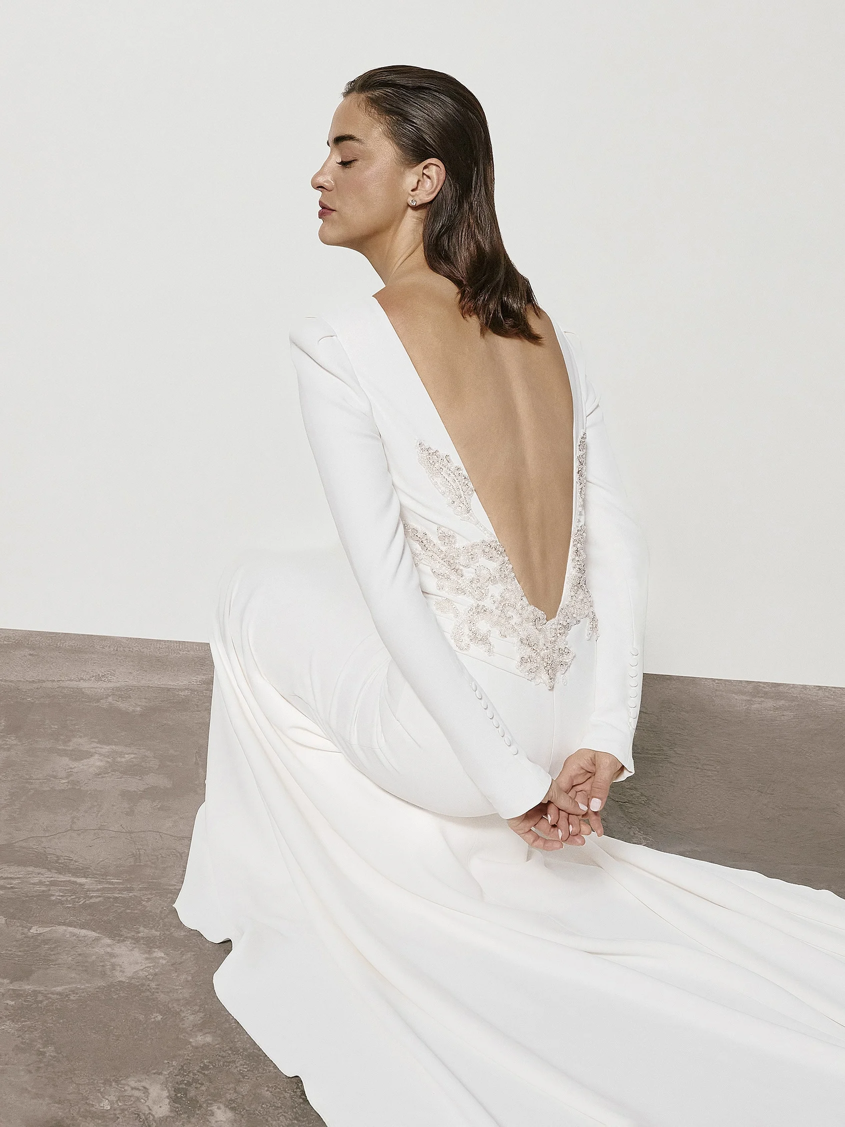 KATHERYN Mermaid wedding dress with bateau neckline and long sleeves in crepe 4 KATHERYN Mermaid wedding dress with bateau neckline and long sleeves in crepe