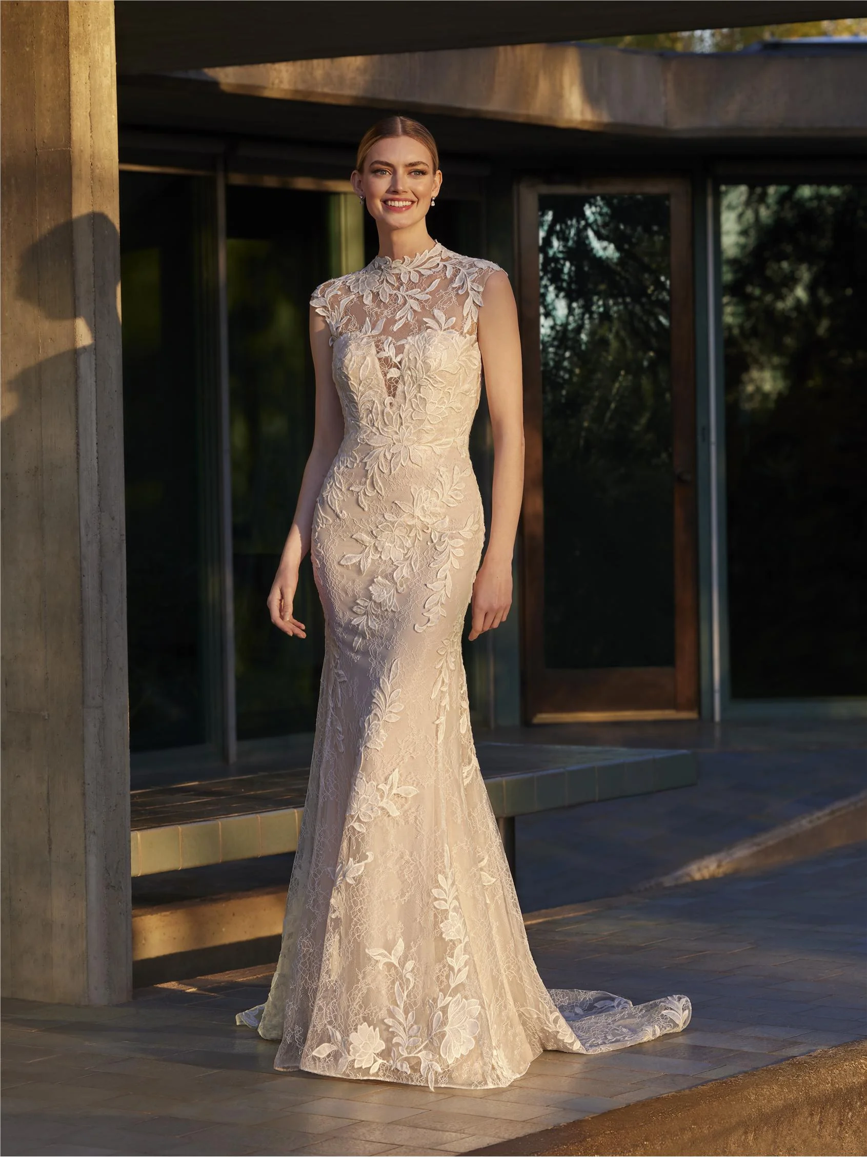 CLOTILDA Lace mermaid wedding dress with high neck and short sleeves