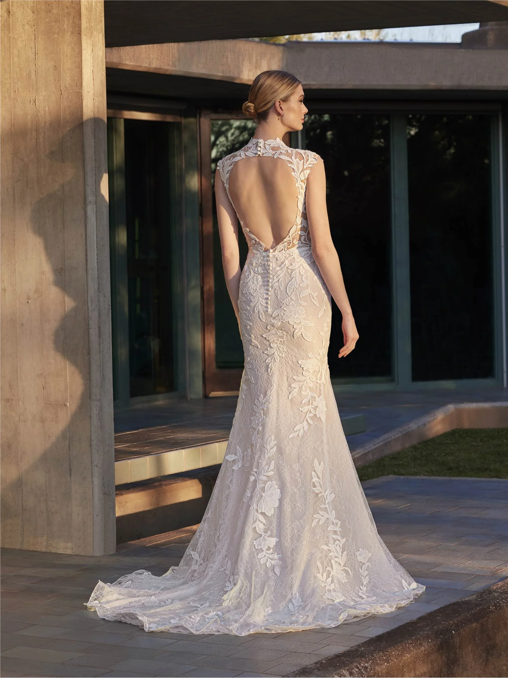 CLOTILDA Lace mermaid wedding dress with high neck and short sleeves