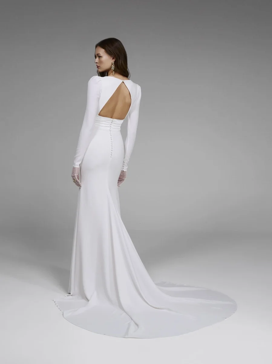 ADRIENNE Long-sleeved, V-neck mermaid wedding dress in crepe