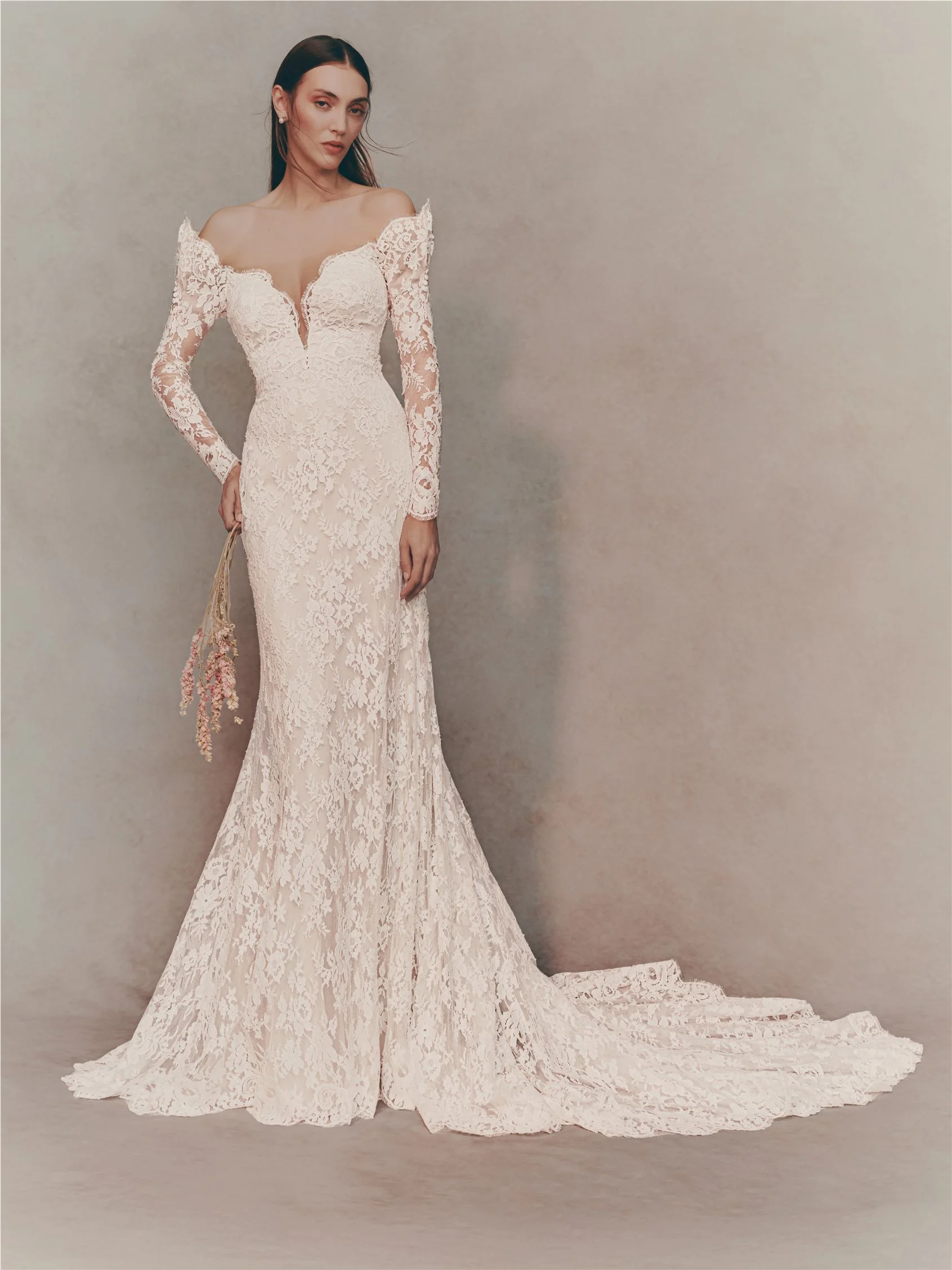 SISSONE Mermaid dress with off-the-shoulders neckline, long sleeves.