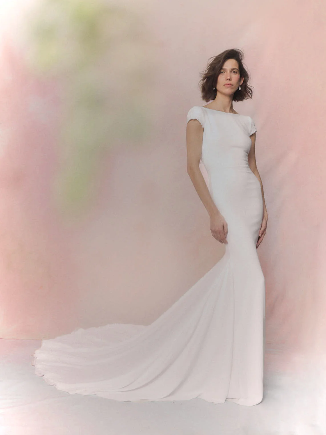 ANITRA Wedding dress in crepe with mermaid cut with bateau neckline and cap sleeves 1 ANITRA Wedding dress in crepe with mermaid cut with bateau neckline and cap sleeves