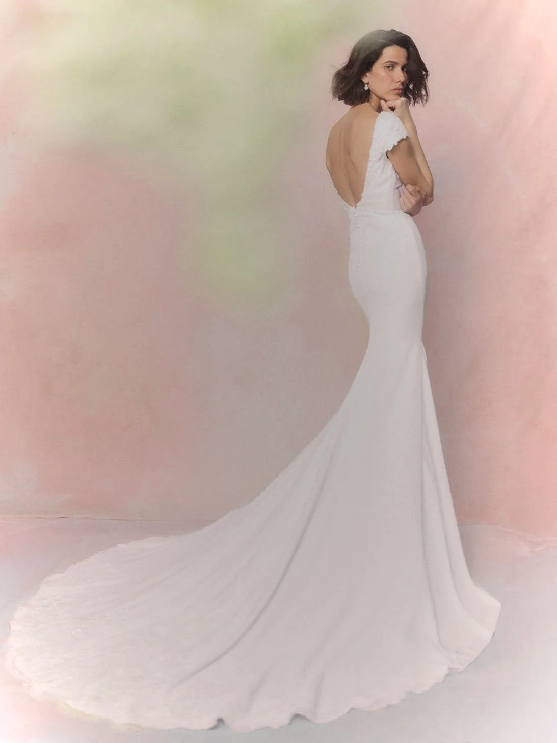 ANITRA Wedding dress in crepe with mermaid cut with bateau neckline and cap sleeves 2 ANITRA Wedding dress in crepe with mermaid cut with bateau neckline and cap sleeves