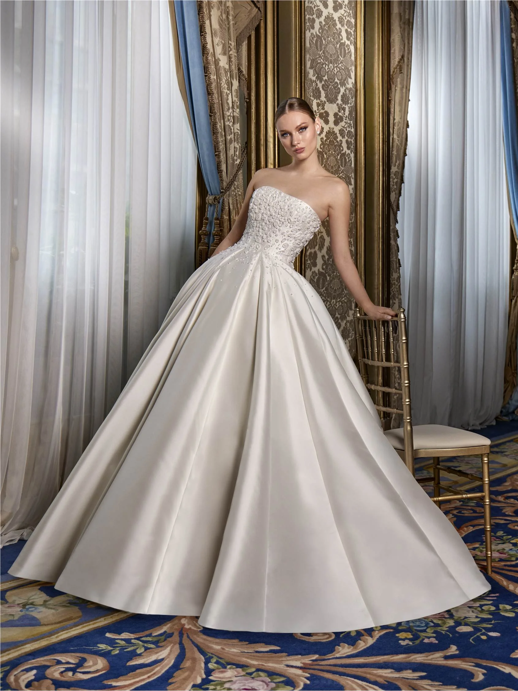 PROMETHIA Mikado princess gown with strapless neckline