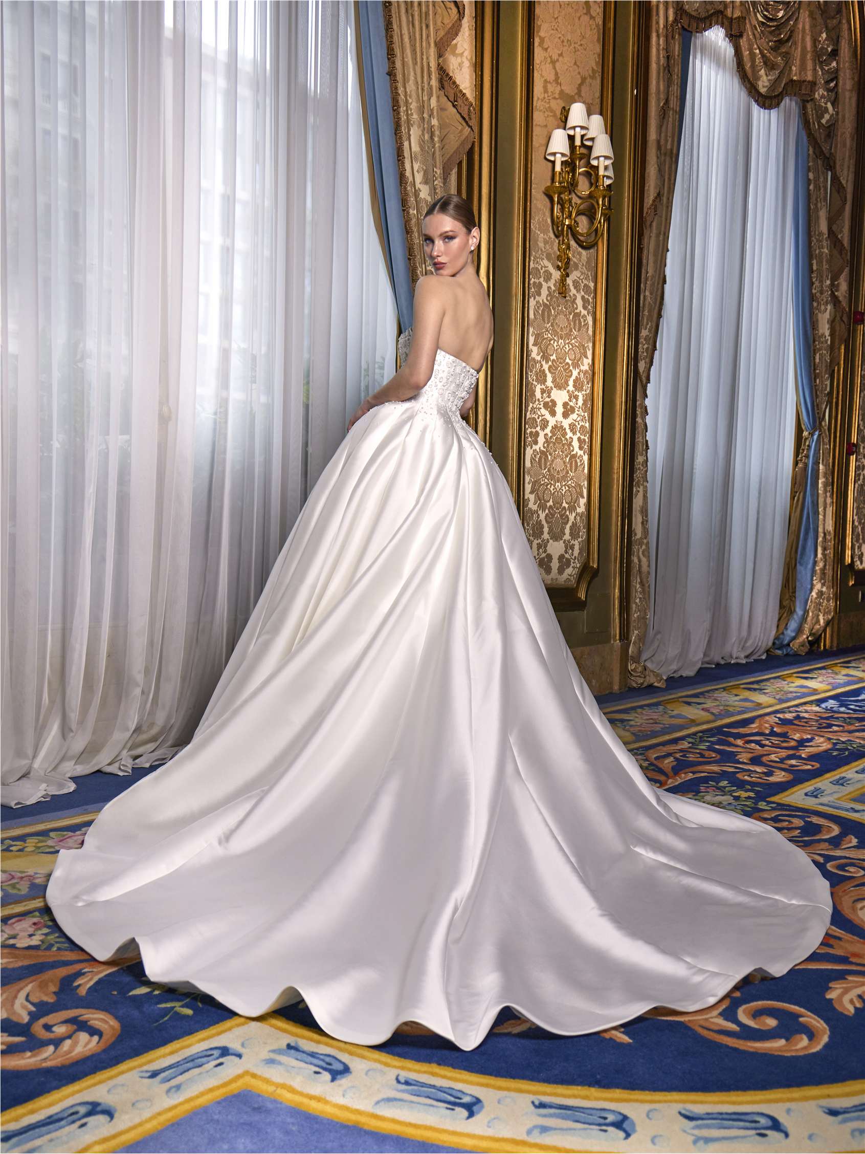 PROMETHIA Mikado princess gown with strapless neckline
