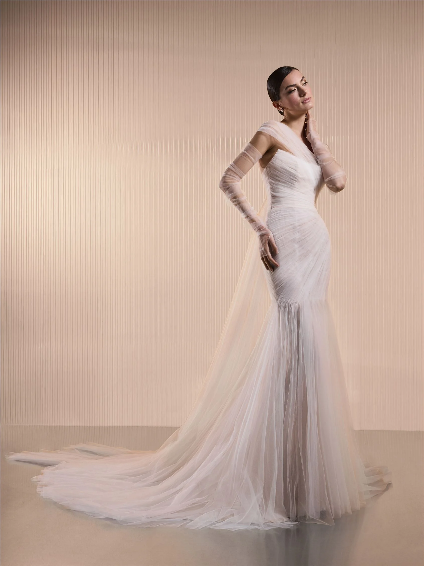 AURENIA Pleated tulle mermaid gown with detachable train 2 AURENIA Pleated tulle mermaid gown with detachable train
