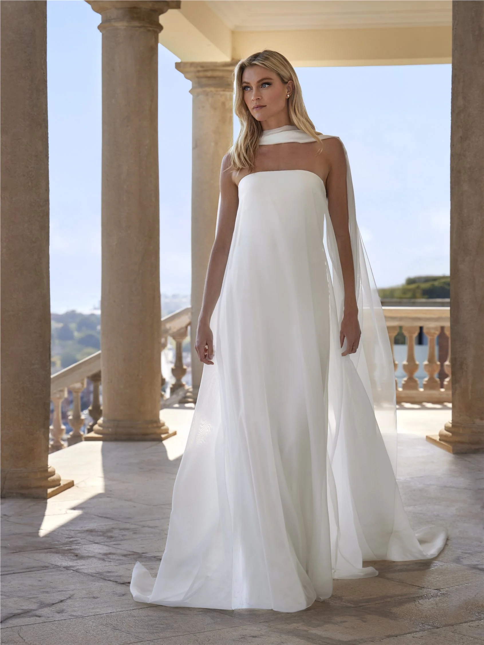 XANTAL Strapless column dress with detachable shawl