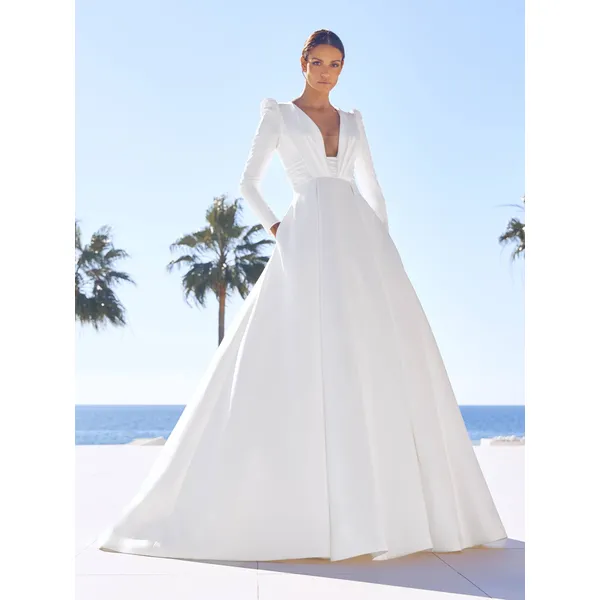 CADENCE A-line Mikado wedding dress with V-neck and long sleeves