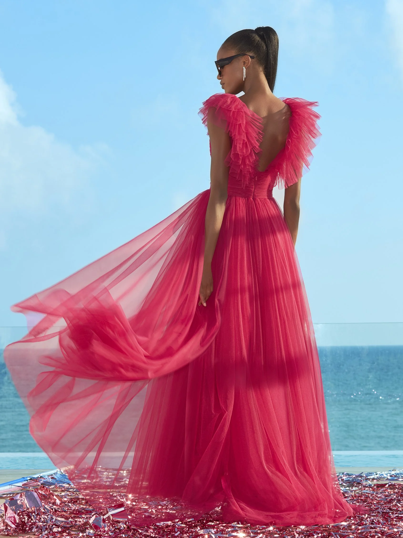 RUFFLES 158 A-line party dress with V-neck