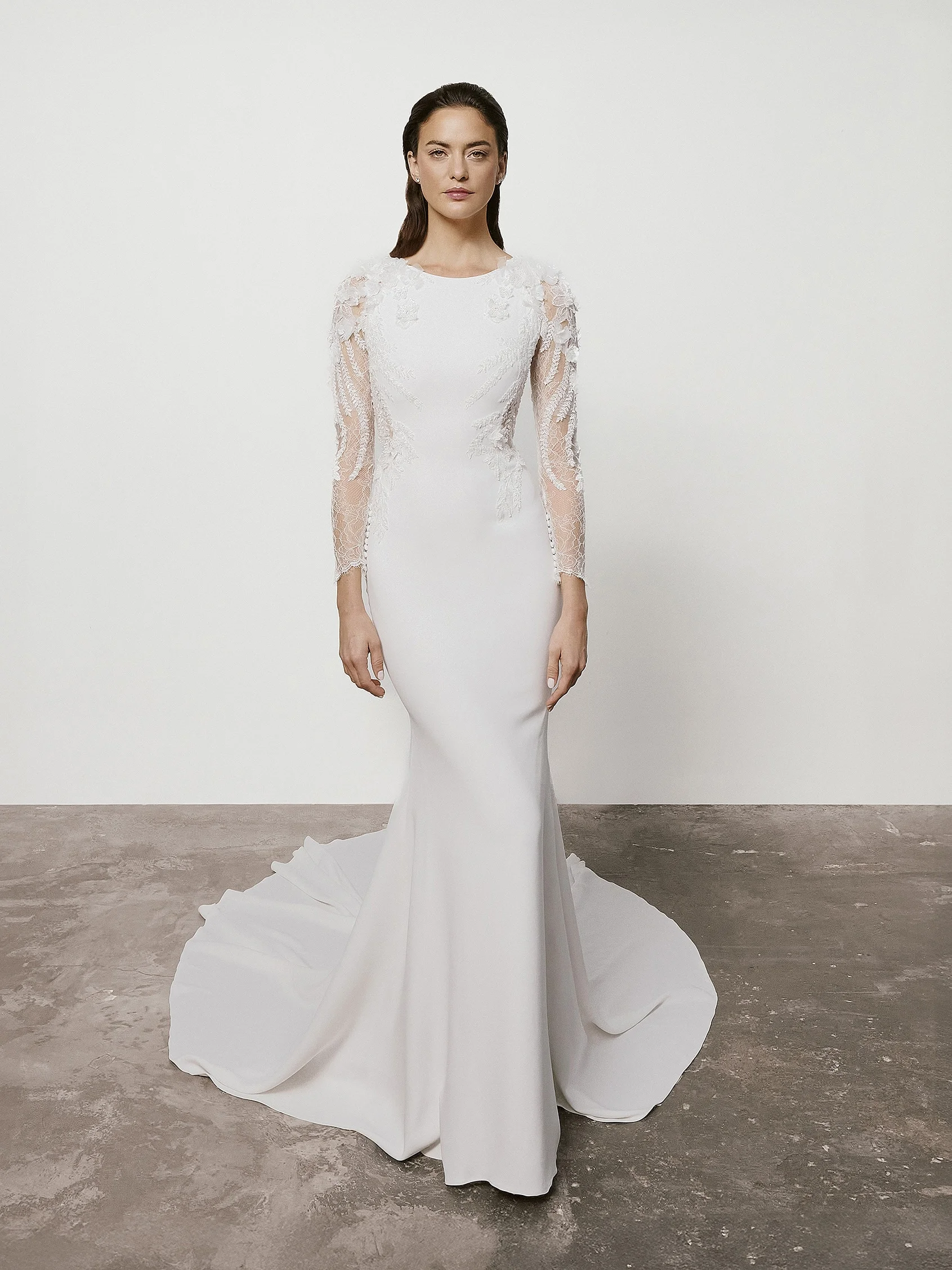 JUSTINE Mermaid crepe wedding dress with bateau neckline