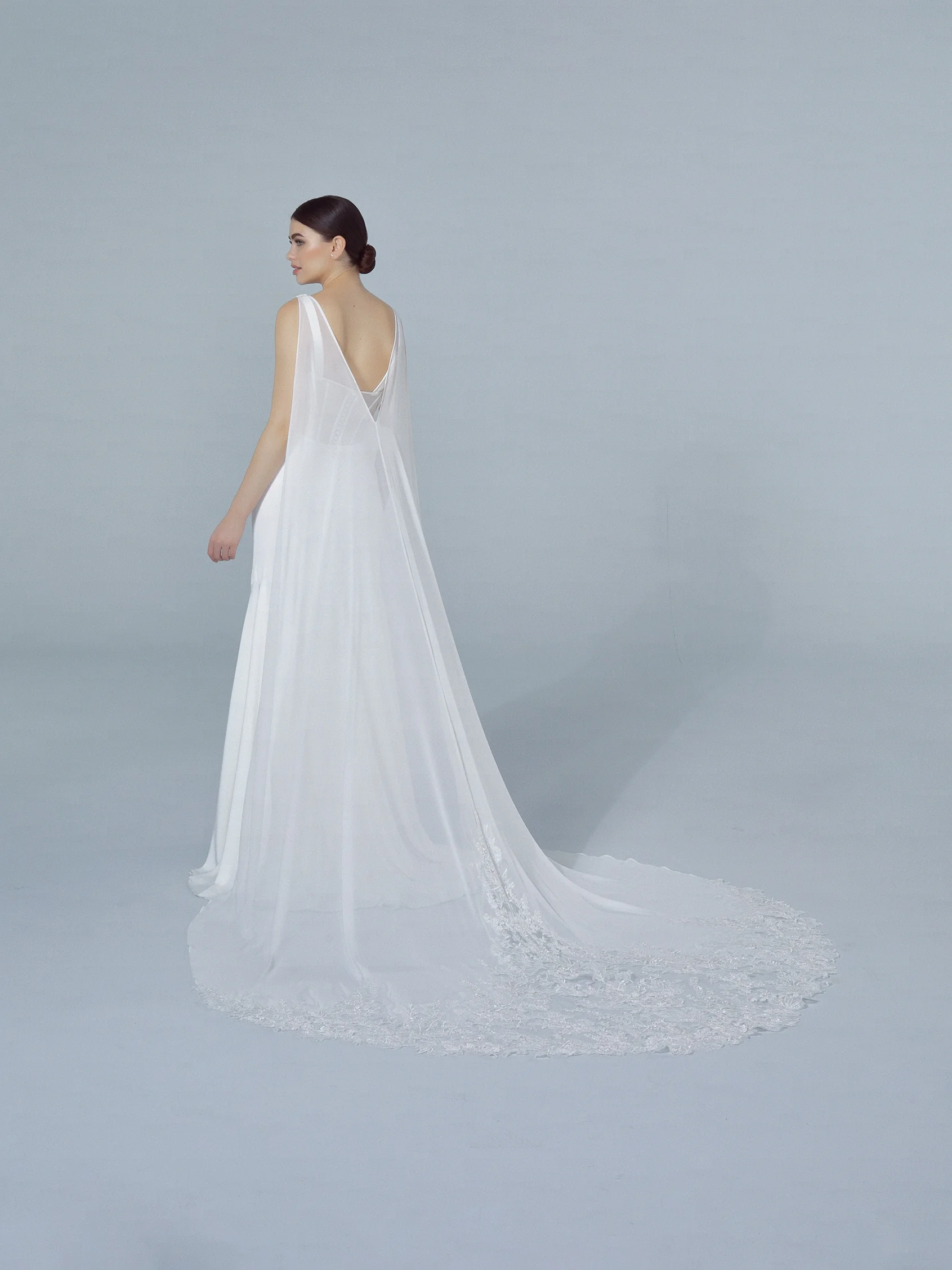 CAPE-LA18 Chiffon cape with lace and rhinestones
